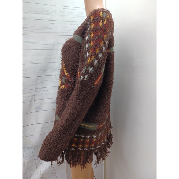 Vtg Rockin'C Southwestern Fuzzy Funky Geometric Brown Sweater Brown Fringed XL - Picture 3 of 8
